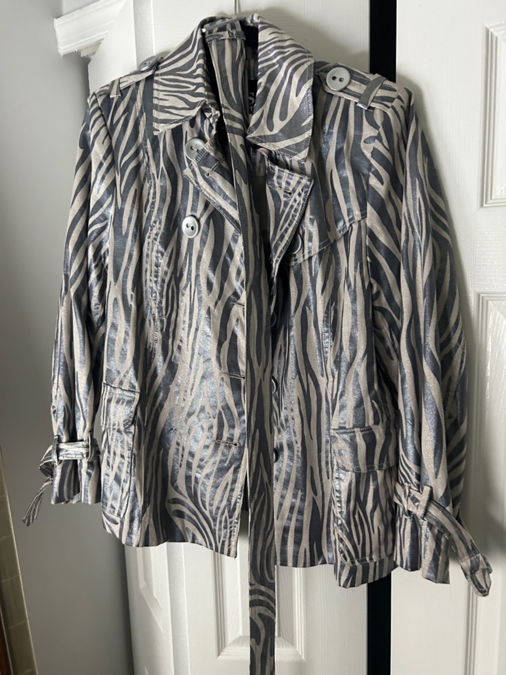 Lisa International Metallic Silver and Black Zebra-Print Bomber Jacket